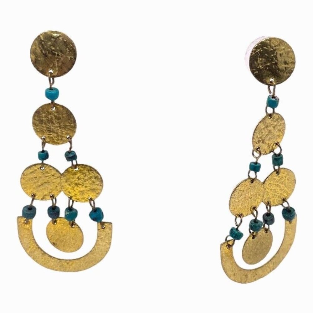 Hammered Disc Dangle Drop Blue Bead Earrings Gold Tone